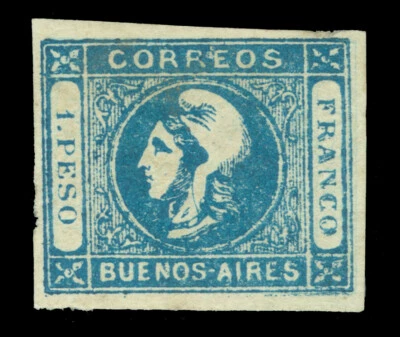 ARGENTINA 1859 Buenos Aires  Liberty Head 1p milky b lworn plate Sc# 10a mint MH - Image 1 of 2