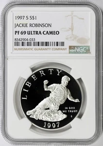 Dólar de plata conmemorativo Jackie Robinson 1997-S $1 NGC PF69UCAM - Imagen 1 de 4