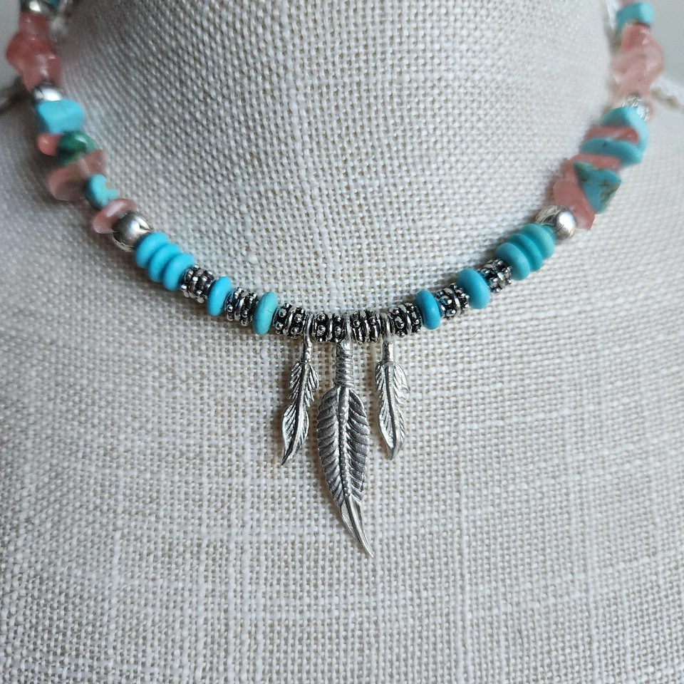 Beaded Necklace w/ Raw Turquoise, Rose Quartz & Feather Charms 18" - Image 1 of 4