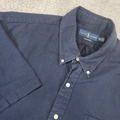 Ralph Lauren Seersucker Shirt Mens XXL Navy Blue Short Sleeve Button Down Pony - Image 1 of 4