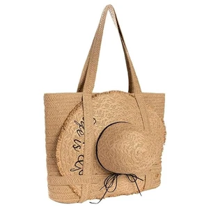 Boho Straw Beach Tote Bag with Zipper for Women, Summer Travel Bag with Hat H... - Picture 1 of 8
