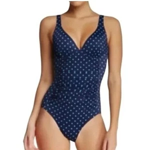 Spanx Women’s Sz 12 Adjustable Ruched One Piece Shaping Swimsuit Navy Polka Dot - Picture 1 of 12