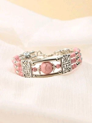 Brazalete brazalete de zinc plateado con cuentas de turquesa rosa Foto 1 de 3