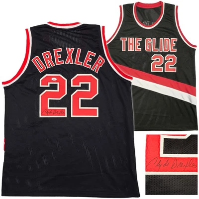 Portland Trailblazers Clyde Drexler Signed Black & Red Jersey JSA - Image 1 of 4