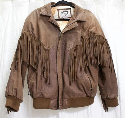 Jaqueta de couro vintage Fox Run masculina marrom franja tamanho M desgastada boho ocidental - Imagem 1 de 4