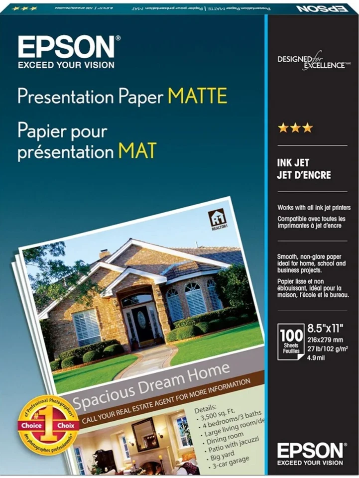 Epson S041062 Matte Presentation Paper, 27 lbs., Matte, 8-1/2 x 11  - Image 1 of 1