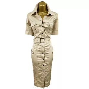 Karen Millen 12 UK Vintage Gold Beige Military Safari Trench Utility Shirt Dress - Picture 1 of 14
