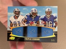 2011 TOPPS PRIME TRIPLE COMBO CALVIN JOHNSON LESHOURE TITUS NON-AUTO LIONS 1/1