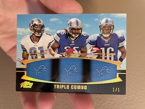 2011 TOPPS PRIME TRIPLE COMBO CALVIN JOHNSON LESHOURE TITUS NON-AUTO LIONS 1/1