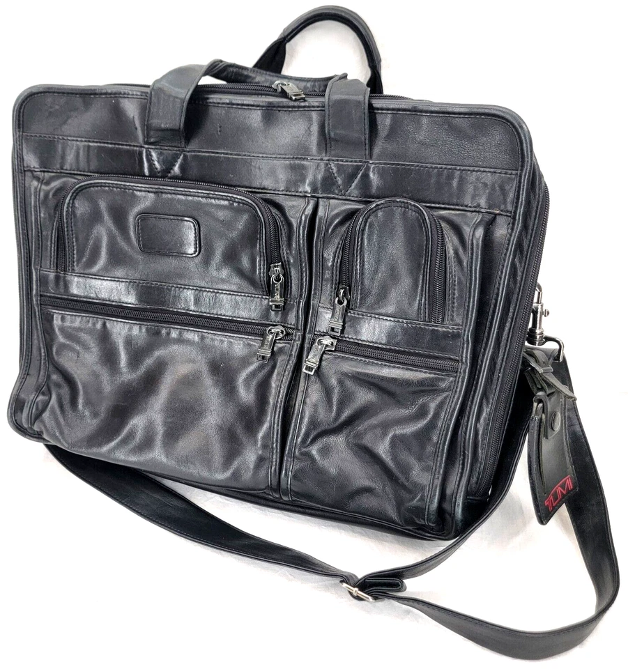 Tumi Alpha alça de ombro de couro preto maleta de transporte bolsa de negócios de viagem - Imagem 1 de 4