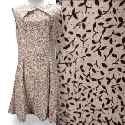 Vintage 60s A Line Casual Dress Size XL Brown Calico Floral Leaf Print Pockets - Image 1 of 4