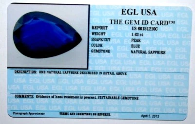 EGL USA TESTED & CERTIFIED NATURAL BLUE PEAR SHAPED SAPPHIRE 1.63CT WITH ID CARD - Image 1 of 4