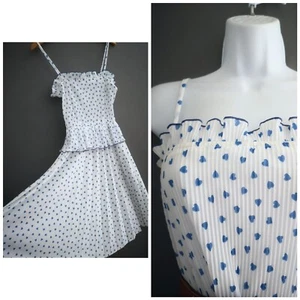Abito da sole midi vintage anni '70 bianco blu cuore a pieghe con cinturini fronzoli 8 10 piccolo - Foto 1 di 7