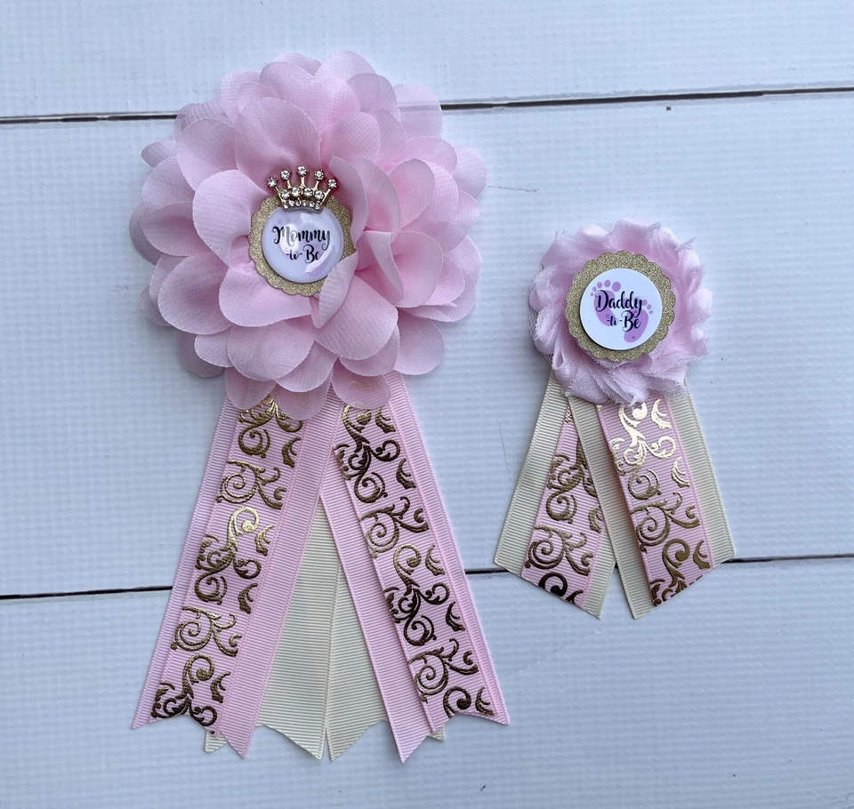 Pink And Gold Princess Baby Shower Corsage ,Mommy & Daddy Corsage Set - Image 1 of 1