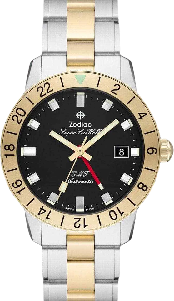 Zodiac Super Sea Wolf GMT 40mm Black Dial Two-tone Stainless Steel Strap Watch for Men (ZO9406)