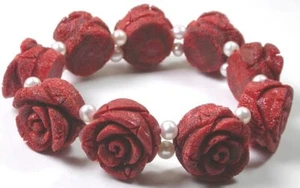 Sponge Coral Rose Stretch Bracelet with Pearls Statement Handcrafted - Picture 1 of 3