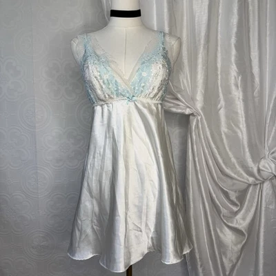 Flora Nikrooz White Babydoll Mini Slip Dress Small Satin Lace Chemise Lingerie - Image 1 of 4