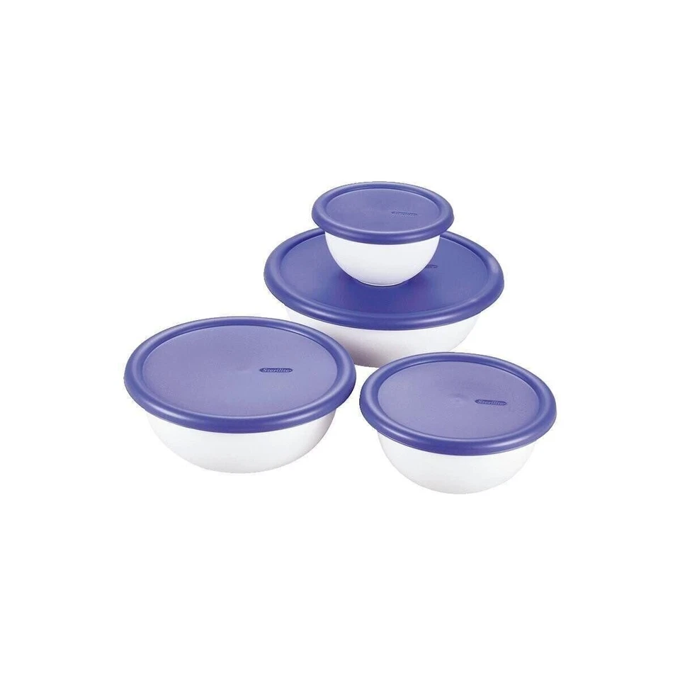 Vtg Sterilite 8-Piece Bowl Set With Lids OLD STOCK #0747 -White w/ Blue Lids