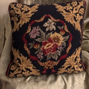 Wool Needlepoint Throw Pillow Velvet Backed Toss Pillow Floral 12 x 12 inches - Picture 1 of 8