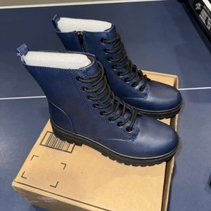 Soda Firm Navy Pu Lace Up Rounded Toe Lugged Chunky Platform Combat Ankle Boots - Picture 1 of 8