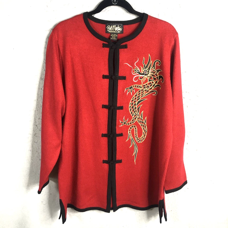 Cárdigan Bob Mackie para mujer 1X talla grande rojo arte para usar dragón bordado asiático Foto 1 de 4