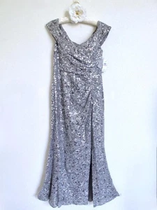 Alex Evenings Formal Dress 12 Off Shoulder Pewter Silver Lace Sequin Slit MOB - Picture 1 of 19