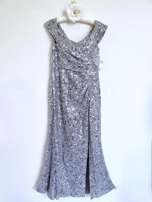 Alex Evenings Formal Dress 12 Off Shoulder Pewter Silver Lace Sequin Slit MOB - Image 1 of 4