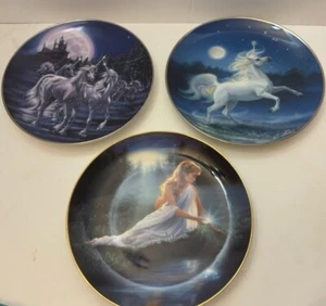 Lot Of 3 Franklin Mint Decorative Plates Unicorn Fairy Moonlight Beautiful - Picture 1 of 21