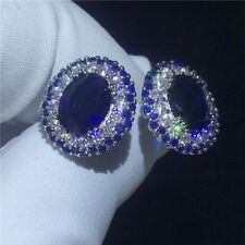 3Ct Oval Cut Lab-Created Blue Sapphire Halo Stud Earrings 14K White Gold Plated