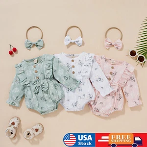 2PCS Baby Girls Romper Sets Ruffle Sleeve Bodysuit Floral Romper Dress+Headband - Picture 1 of 13