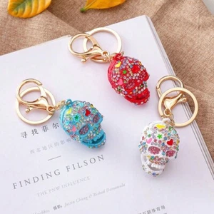 Sparkling Sugar Skull Rhinestone Gold Key Chain Purse Backpack Charm Keychain - Picture 1 of 7