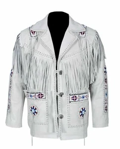 Giacca con frange da cowboy western da uomo con perline nativi americani giacca in vera pelle - Foto 1 di 5