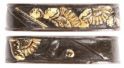 Antique Japanese Shakudo Fuchi Gold Flowers Sword Fitting Tsuka Koshirae Samurai - Image 1 of 4