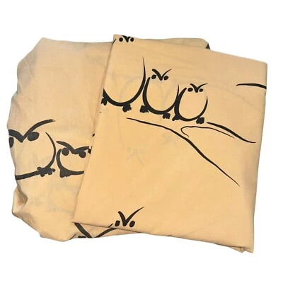Vtg 70s Sprindmaid Alex West OWLS WHOO? Twin Sheet Set Flat Fitted Beige Black - Image 1 of 4