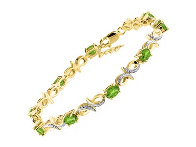 RYLOS PERIDOT & DIAMOND TENNIS BRACELET YELLOW GOLD PLATED SILVER 7-8"  - Image 1 of 4