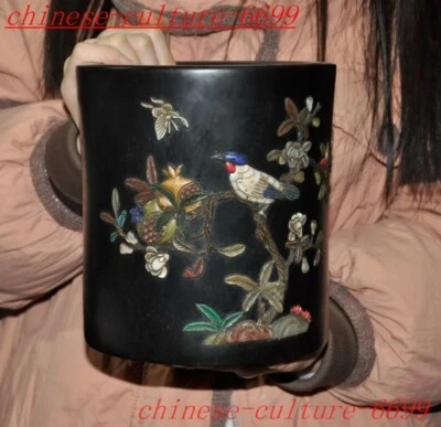 Florero lápiz maceta pincel pájaro flores talladas en piedra Shoushan con incrustación de palo de rosa negro Foto 1 de 4