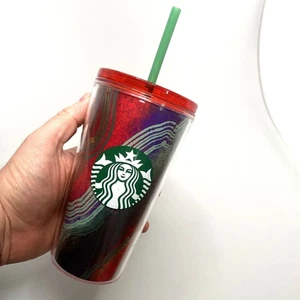 Starbucks Clear Grande Cup Tumbler (16oz) Red Lid Green Swirl Pattern w/ Straw- - Picture 1 of 19