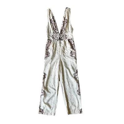 Free People Setting Sun Printed Jumpsuit Ivory Pink Purple Plunge Neckline Sz XS - Image 1 of 4