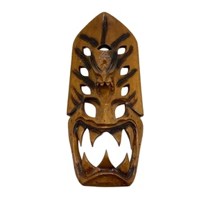 Vtg Hand Carved Dragon Wooden Mask Tribal Art Brown Hawaiian Indo 14.5x7 Tiki - Picture 1 of 4