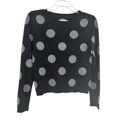 Suéter Alice + Olivia preto cinza lã bolinhas strass enfeitado tripulação XS - Imagem 1 de 4