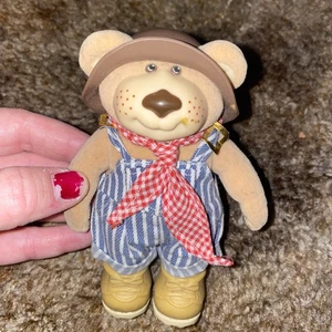 Vintage 1980's Furskins Teddy Bear Hard Plastic Fuzzy Farmer 5” Toy - Picture 1 of 4
