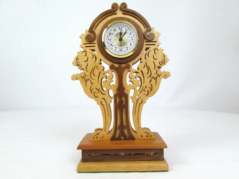 Baroque Lion Head Design Wooden Analog Desk Shelf Mantel Clock 10-1/4" Cover