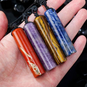 Gemstone Column Pendant Cord Necklace Crystal Cylinder Tower Point Bar Amulet - Picture 1 of 12