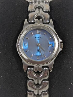 Relic Wet Blue Dial Round Silver Tone Case Link Bracelet Band Watch - Image 1 of 4