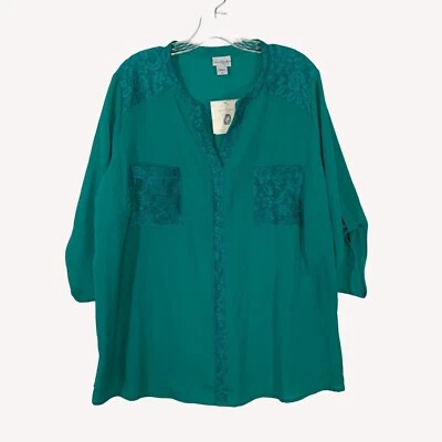 Camisa con ribete de encaje Jaclyn Smith talla 1X manga lengüeta enrollada Y2K verde tropical cuello en V Foto 1 de 4