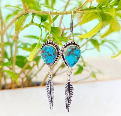 Turquoise Gemstone Earring 925 Sterling Silver Handmade Unic Design Jewelry - Image 1 of 4