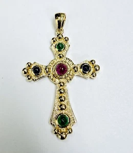 Ciondolo croce in oro 14 kt con pietre cabochon multicolore ~ 6,9 grammi. - Foto 1 di 6