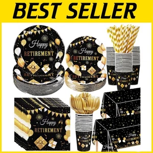 Complete Black Gold Retirement Celebration Set - 452 Pcs Plates, Cutlery & More - Picture 1 of 8