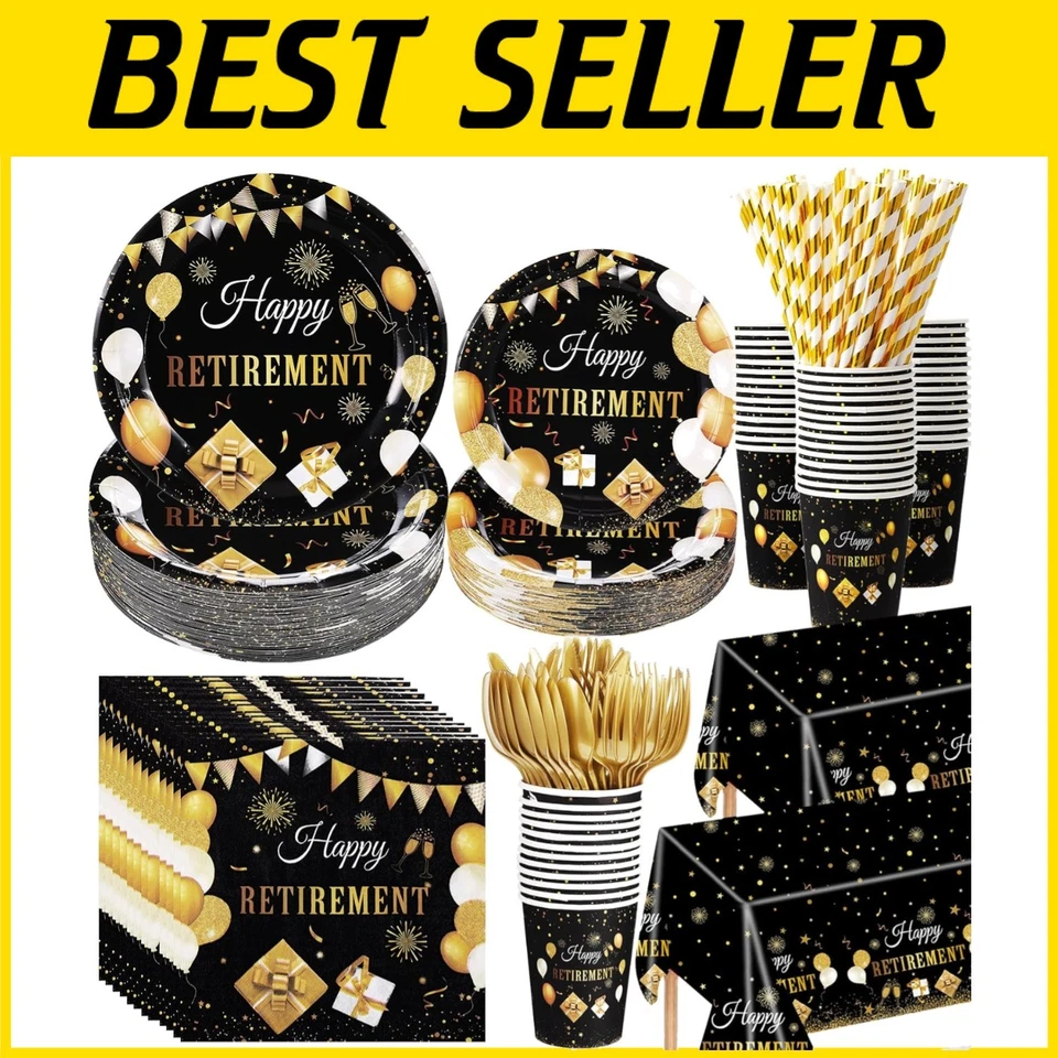 Complete Black Gold Retirement Celebration Set - 452 Pcs Plates, Cutlery & More - Image 1 of 4