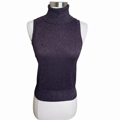 复古 Hillard & Hanson 针织高领上衣女式 XS 紫色珠光假日 — 第 1/4 张图片